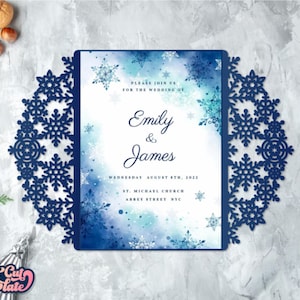 Faire-part de mariage d'hiver SVG 5 x 7, carte de pliage de porte flocons de neige, invitation de fête de mariage de Noël, modèle de découpe Cricut cameo découpé au laser.