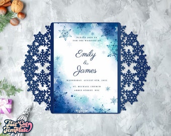 Winter Wedding invitation SVG 5x7, Snowflakes gate fold card, Christmas wedding party invite, cutting template Cricut Cameo Laser cut.