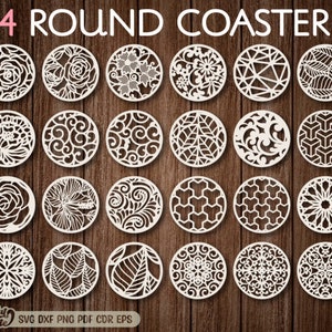 Coaster Set Laser cut templates, 24 round coaster SVG bundle, Laser cut files, glowforge files, Coasters svg Cricut, plazma cnc cut files. zdjęcie 1