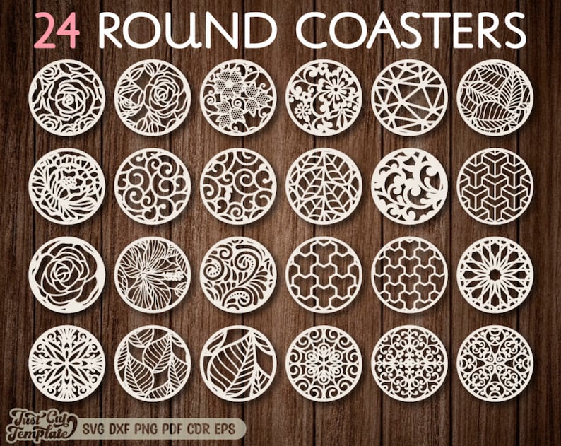 Coaster Set Laser cut templates, 24 round coaster SVG bundle, Laser cut files, glowforge files, Coasters svg Cricut, plazma cnc cut files. zdjęcie 1