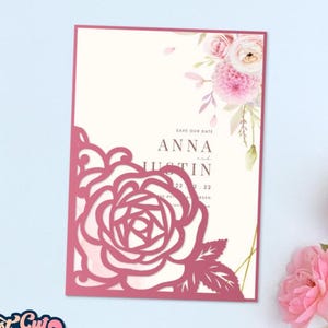 Copertina SVG per invito di nozze 5x7, modello per busta con tasca angolare, invito con rose, modello per taglio laser Cricut Cameo, svg digitale dxf png.