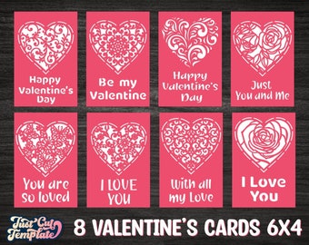 May include: Eight printable Valentine's Day cards featuring different heart designs and romantic messages. The cards are pink with white hearts and text.
