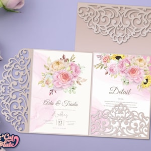 Trifold Hochzeitseinladung, SVG, 13x18, Hochzeit Tasche Umschlag, Swirls Quinceanera Einladung, Vorlage Cricut Cameo Laser cut, digital.