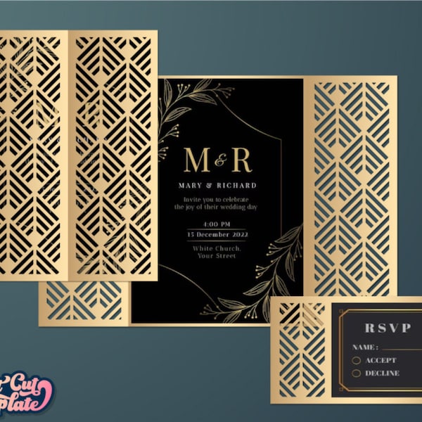 Set Art Deco Wedding invites SVG, 20s Great Gatsby party invitation,  Gate fold card 5x7, RSVP card, templates Cricut Cameo Laser cut.