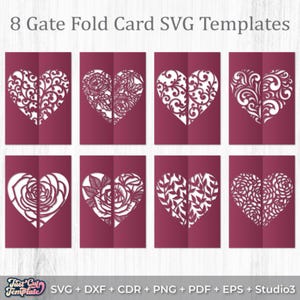 Conjunto de 8 plantillas SVG de tarjetas plegables, tarjetas recortadas con forma de corazón, invitaciones de boda cortadas con láser, tarjetas de San Valentín SVG, tarjetas Cricut Gate dxf cdr png.