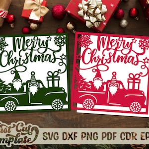 Tarjeta navideña SVG Cricut, tarjeta de Feliz Navidad con camión de gnomos, plantilla de tarjeta navideña Cricut Joy Maker Explore Air, tarjeta cortada con láser.