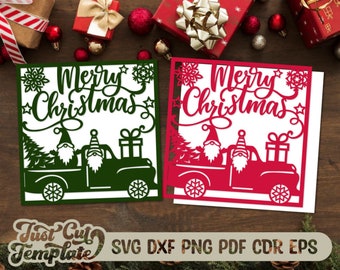 Kerstkaart SVG Cricut, Merry Christmas Card met Gnomes-truck, Christmas Cricut Joy Maker Explore Air-kaartsjabloon, lasergesneden kaart.
