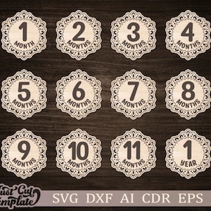 Conjunto de hitos mensuales para bebés, 12 hitos rústicos para bebés SVG, marcadores de fotos, archivos cortados con láser, archivos Glowforge, Milestone SVG Cricut, plasma cnc.