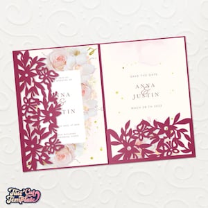 Floral Tri Fold envelope 5x7, Wedding pocket invitation SVG, Lace wedding invitation, Quinceañera invite, template Cricut Cameo Laser cut.
