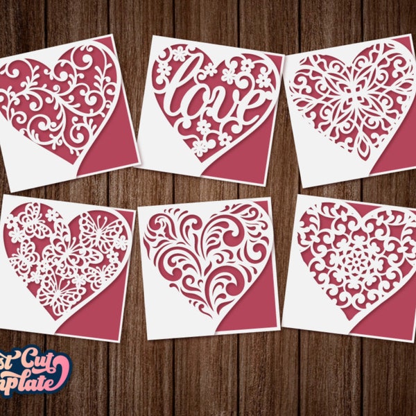 6 Herzkarten-SVG-Vorlagen-Set, Valentinstags-SVG, Liebeskarte, Muttertagskarte, Geburtstagskartenvorlagen für Cricut Cameo Laserschnitt.