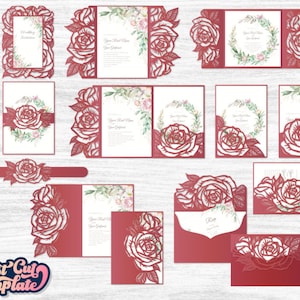 Set Roses Wedding Invitation SVG, floral Gate cards, Trifold envelope, 10 templates 5x7 and 5.7x5.7 for Cricut Silhouette Cameo, Laser cut.