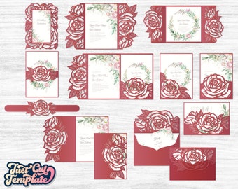 Set Roses Wedding Invitation SVG, floral Gate cards, Trifold envelope, 10 templates 5x7 and 5.7x5.7 for Cricut Silhouette Cameo, Laser cut.