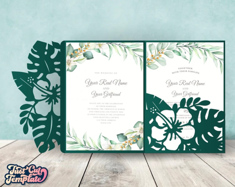 Tropical wedding invitation SVG set, 7 cut templates, Trifold envelope, Gate card, templates Cricut Cameo Laser cut SVG DXF Cdr Studio3 image 3