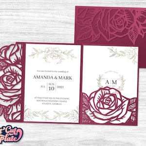 Roses invitation SVG, Trifold pocket envelope SVG 5x7, Wedding invitation SVG cover, flowers invitation, template Cricut Cameo Laser cut.