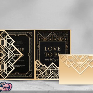 May include: Gold and black wedding invitation with a geometric design. The invitation says "You are invited to the wedding of..." and "Love to be with you".