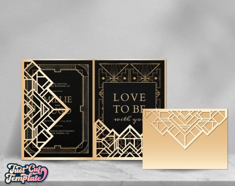 May include: Gold and black wedding invitation with a geometric design. The invitation says "You are invited to the wedding of..." and "Love to be with you".