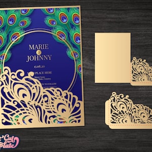 Feathers pocket envelope SVG 5x7, Peacock feathers wedding invitation SVG, invitation cover, invite holder template Cricut Cameo Laser cut.