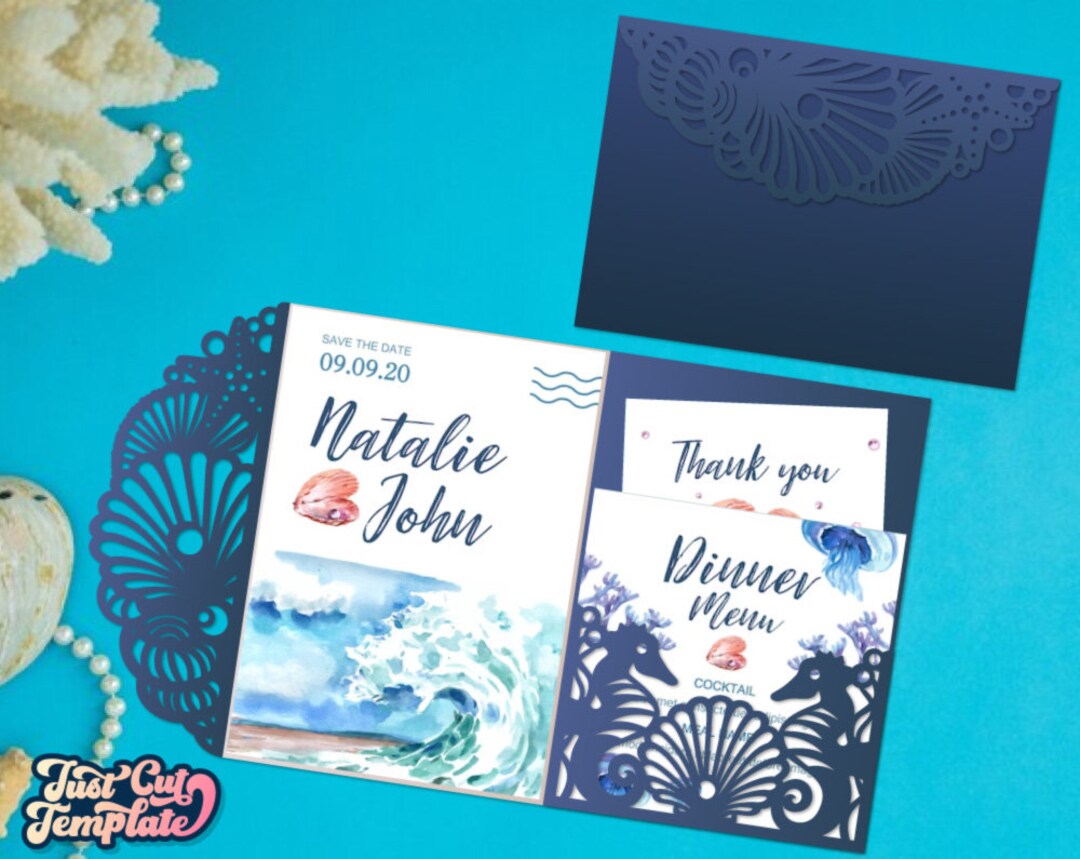 Seashell Trifold Pocket Invitation SVG Template, Wedding Invitation SVG