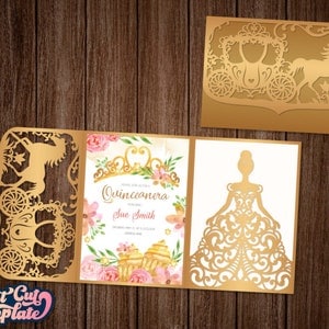 Quinceanera invitation SVG, Princess Birthday party invite SVG 5x7, Sweet 16 party, Carriage Pocket trifold template Cricut Cameo Laser cut.
