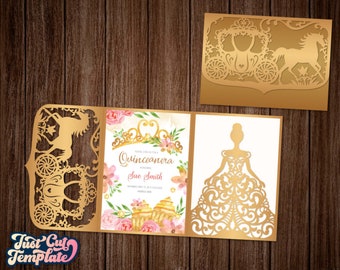 Quinceanera invitation SVG, Princess Birthday party invite SVG 5x7, Sweet 16 party, Carriage Pocket trifold template Cricut Cameo Laser cut.