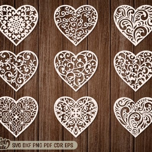 Ensemble coeur SVG, fichiers découpés pour la Saint-Valentin, coeurs découpés au laser Cricut, 9 modèles découpés en coeur avec motif de tourbillons, fichier Glowforge cnc coeur Vector.