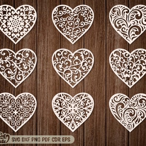 Heart SVG set, Valentine's cut files, Hearts Laser cut Cricut, 9 Heart cut templates with swirls pattern, Heart Vector cnc Glowforge file.