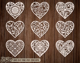 Heart SVG set, Valentine&#39;s cut files, Hearts Laser cut Cricut, 9 Heart cut templates with swirls pattern, Heart Vector cnc Glowforge file.