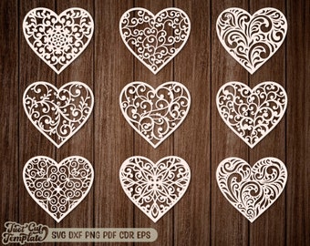 Heart SVG set, Valentine's cut files, Hearts Laser cut Cricut, 9 Heart cut templates with swirls pattern, Heart Vector cnc Glowforge file.