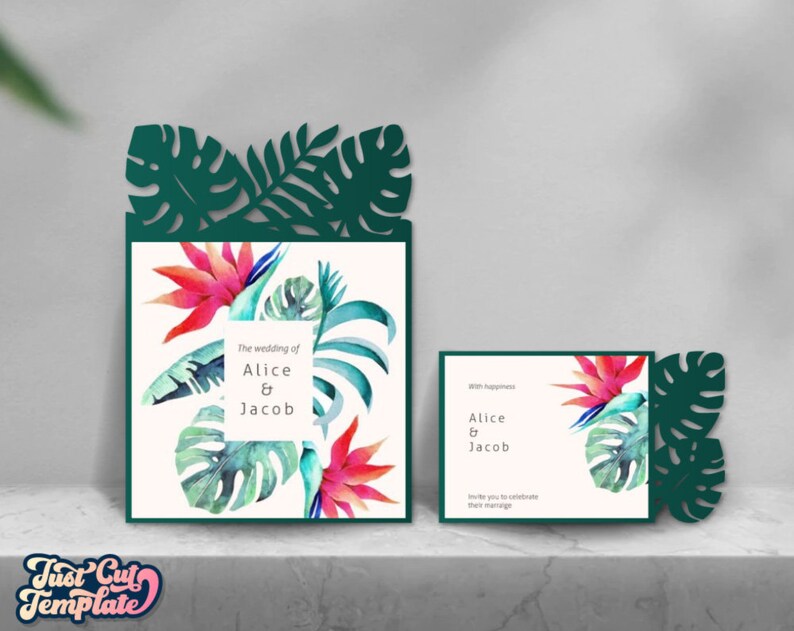 Tropical wedding invitation SVG set, 7 cut templates, Trifold envelope, Gate card, templates Cricut Cameo Laser cut SVG DXF Cdr Studio3 image 8