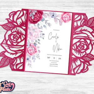 Invito a forma di rose SVG, biglietto pieghevole per matrimonio 5x7, porta inviti a forma di fiori, modello per invito a Quinceanera Cricut Cameo Laser cut papercut