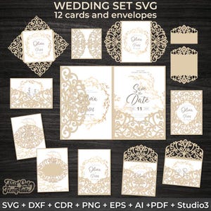 Ensemble SVG de faire-part de mariage en dentelle - Enveloppes découpées au laser pour Cricut, faire-part de mariage Cricut, modèles de couverture d'invitation, cdr numérique dxf pdf
