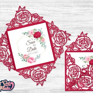 Faire-part de mariage SVG roses, modèle de carte d'invitation quatre volets découpé au laser camée Cricut, papier enveloppe de mariage découpé, svg dxf cdr Studio3.