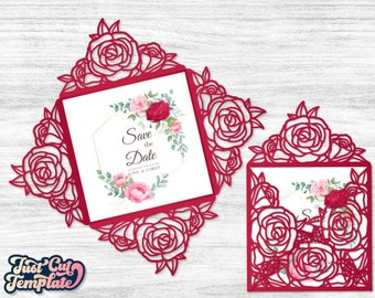 Invitación de boda SVG Roses, plantilla de tarjeta de invitación de cuatro pliegues Cricut Cameo Corte láser, corte de papel de sobre de boda, svg dxf cdr Studio3.