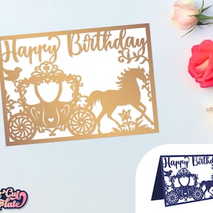 Biglietto di auguri di buon compleanno SVG 5x7, invito principessa SVG, Quinceanera Sweet 16, modello di biglietto ritagliato con carrozza e cavallo Cricut Cameo tagliato al laser.