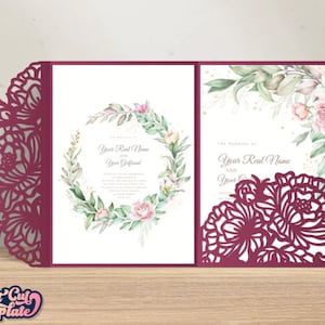 Pfingstrose Trifold Umschlag 5x7, Hochzeitseinladung SVG Pfingstrosen Muster, Ausschnitt Hochzeit Tasche Umschlag, Vorlage Cricut Cameo Laser geschnitten Digital.