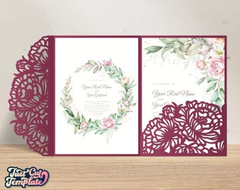 Peony Trifold Envelope 5x7, Wedding invitation SVG Peonies pattern, cutout Wedding pocket envelope, template Cricut Cameo Laser cut Digital.