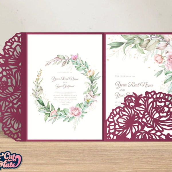 Enveloppe à trois volets pivoine 5 x 7, faire-part de mariage Motif pivoines SVG, découpe Enveloppe de poche de mariage, modèle Cricut Cameo Laser cut Digital.