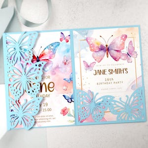 Busta a tre ante a farfalla in formato SVG, modello per invito tascabile 5x7, biglietto tagliato al laser per Cricut e Silhouette, per compleanno, quinceañera, baby shower.