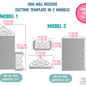 May include: Diagram showing two different cutting templates for a 5x7 inch card. Model 1 requires 11x17 inch cardstock and Model 2 requires 8.5x11 inch cardstock.