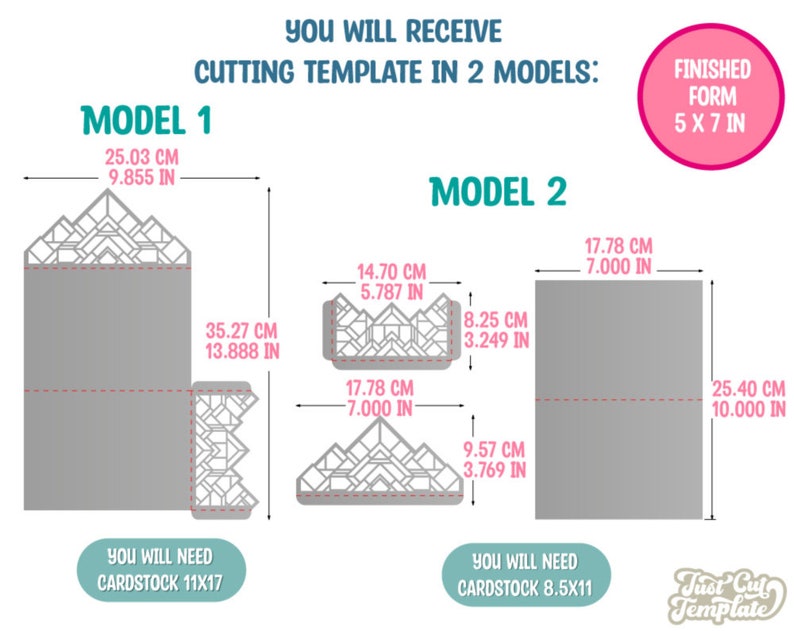 May include: Diagram showing two different cutting templates for a 5x7 inch card. Model 1 requires 11x17 inch cardstock and Model 2 requires 8.5x11 inch cardstock.