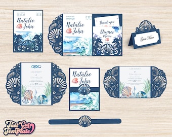 Conjunto de 6 convites SVG de conchas, casamento na praia oceânica, envelope triplo, cartão de entrada, modelos de cartão de lugar, Cricut Silhouette Cameo cortado a laser.