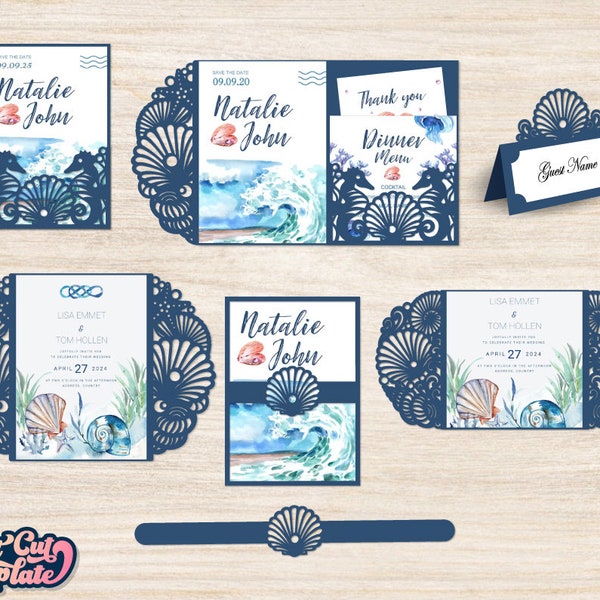 Set 6 Seashell invitation SVG, Oceanic Beach mariage, Enveloppe à trois volets, Carte de porte, Placer les modèles de cartes Cricut Silhouette Cameo Découpé au laser.