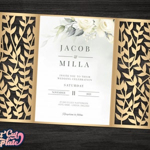 Blätter Tor Faltkarte SVG, Cricut Hochzeitseinladung, Cameo Laser cut Dateien, Geburtstagskarte SVG, Luxus Hochzeitskarte, Digital.
