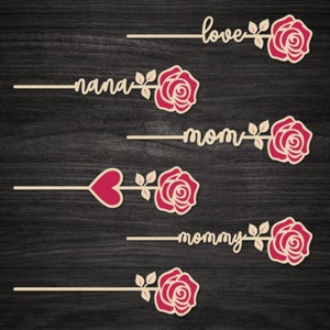 Mom Rose laser cut, 6 Layered roses with heart and words, Mother Day Svg, Wooden Rose Name Svg, Laser cut Vector DXF cnc Glowforge Cricut.