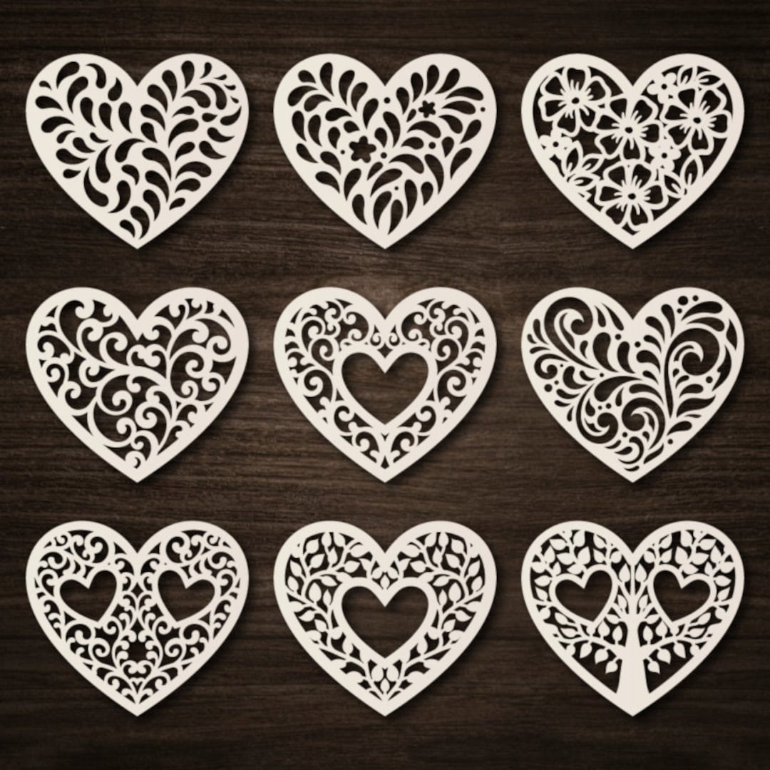 Heart SVG Set, 9 Lace Hearts Templates, Valentine's Cut