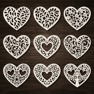 Conjunto de corações SVG, 9 modelos de corações de renda, arquivos de corte para o Dia dos Namorados, arquivos de corte a laser para corações, Cricut Cameo Vector CNC Glowforge Plasma.