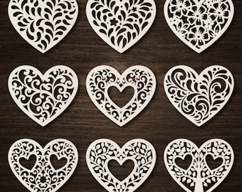 Heart SVG set, 9 lace hearts templates, Valentine's cut files, Swirls Hearts Laser cut Cricut Cameo Vector cnc Glowforge plasma file.