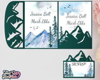 Mountains Trifold Envelope SVG 5x7, Travel Wedding invitation SVG, Outdoor Wedding pocket envelope, RSVP template Cricut Cameo Laser cut.