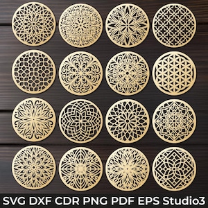 Peut inclure: Ensemble de 12 motifs de mandala découpés au laser, parfaits pour créer des dessous de verre, des décorations murales ou d'autres objets artisanaux. Les motifs sont complexes et détaillés, avec une variété de motifs géométriques.