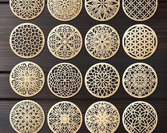 16 Patterned Coasters Laser Cut, CNC Plasma Cutting Coasters Set, Wood Coasters SVG dxf cdr png pdf eps, Cricut Cameo Compatible Digital.